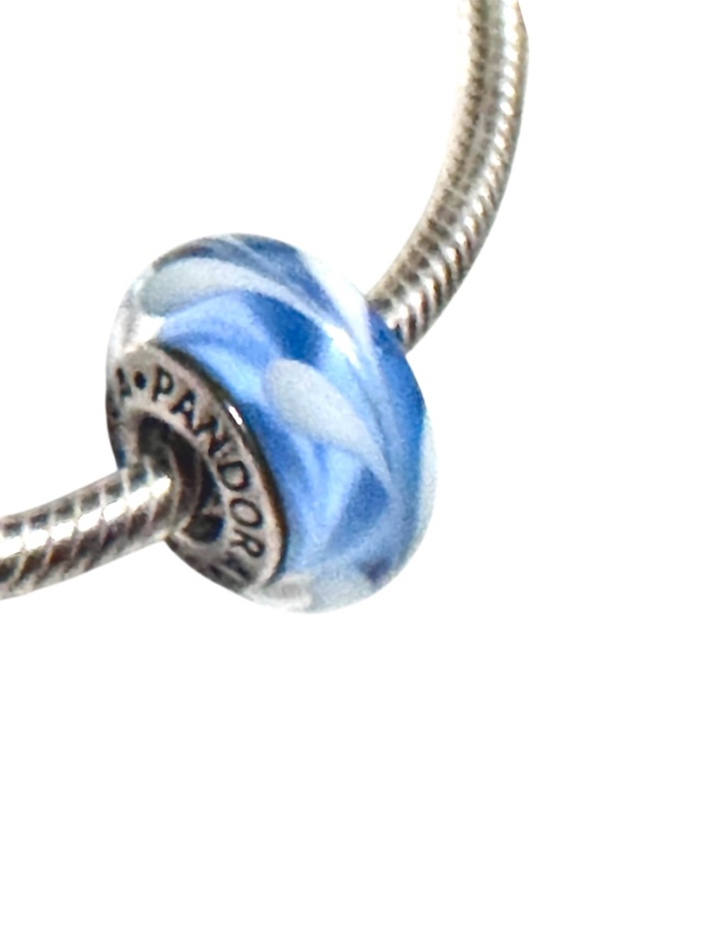 Pandora Silver Round Glass Bead Charm Blue White Design - Picture 2 of 2